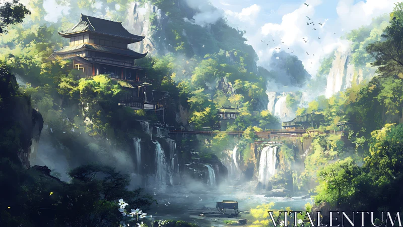 Mountain temple complex above river and tiered waterfalls.