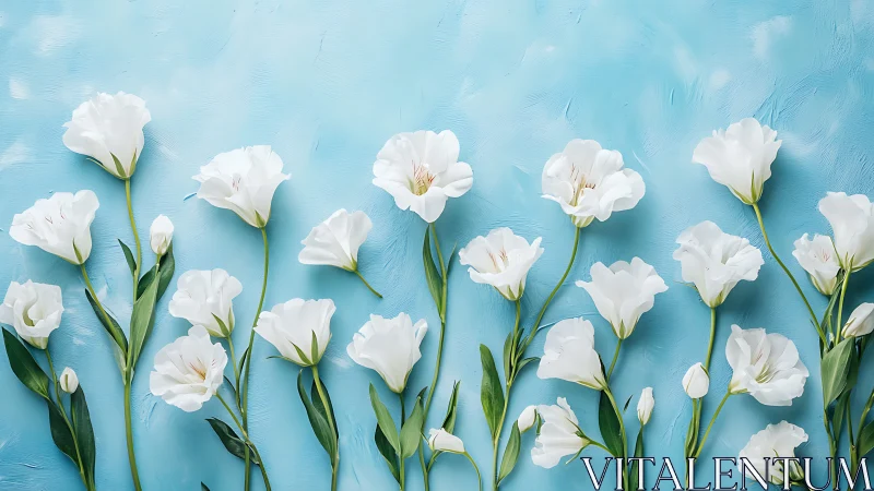 White Carnations Against Turquoise Surface: Botanical Flat Lay Study.