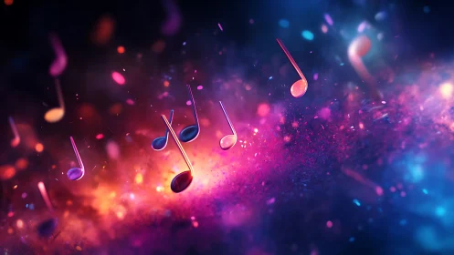 Glowing neon music notes in vibrant bokeh nebula gradient space