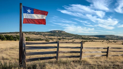 Wind-kissed ranch flag waves proudly over open golden plains