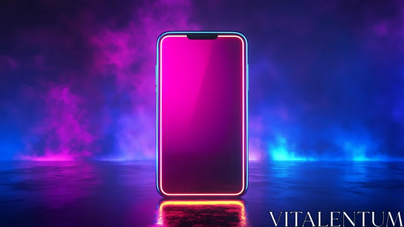 Neon-framed smartphone stands in vapor-lit cyber gradient space