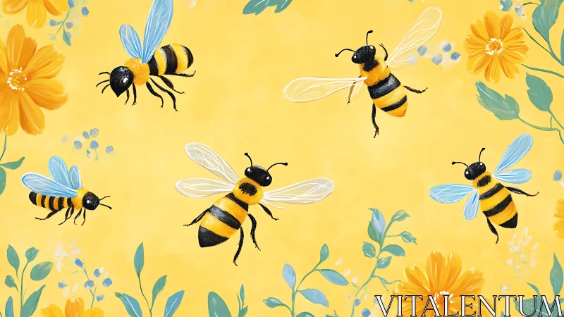 Sunlit honeybees waltz through a painted meadow sky