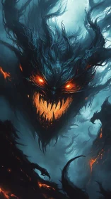 Infernal storm wraith with blazing eyes and shattered grin.