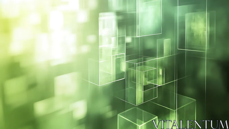 Abstract digital cubes in green futuristic 3D space, modern style.