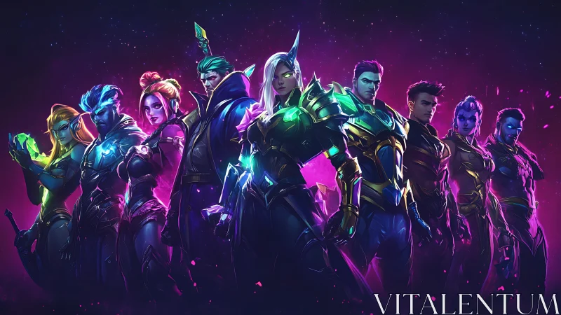 Bold cosmic heroes stand united in radiant neon armor