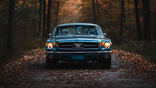 Classic blue Mustang glows on a quiet autumn forest road.