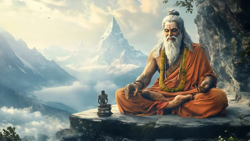 Mystic sage meditates above misty Himalayan mountain peaks