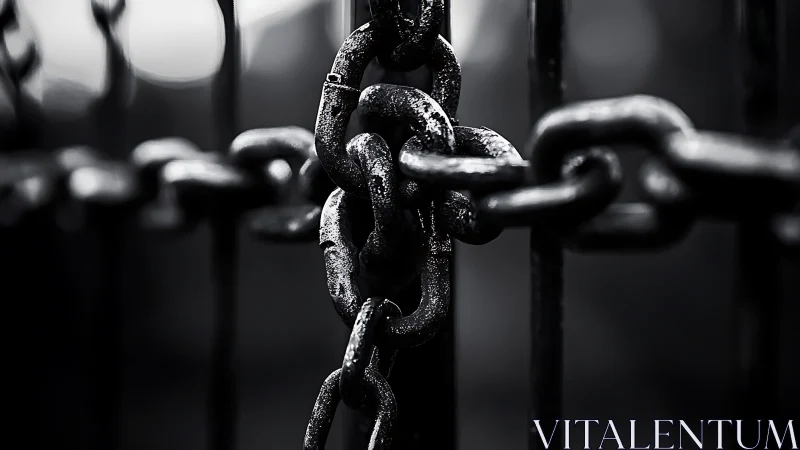 Grit-black iron chain locked in a hush of blurred steel bars.