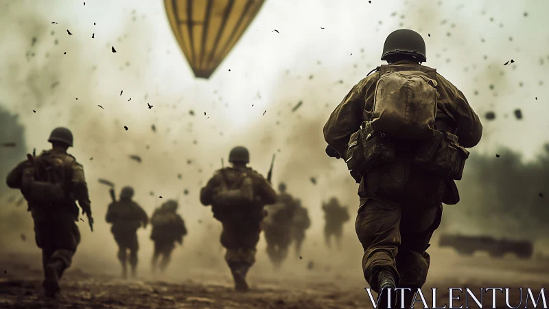 World War II infantry charge under artillery blast debris