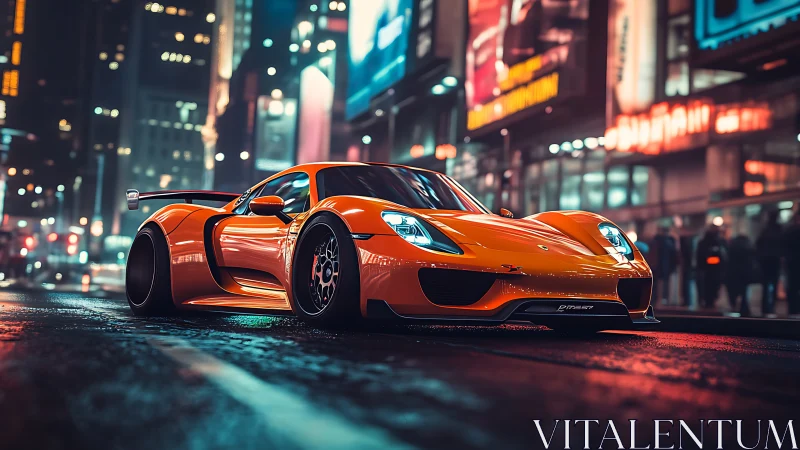 Orange supercar glows against neon-drenched city night streets.