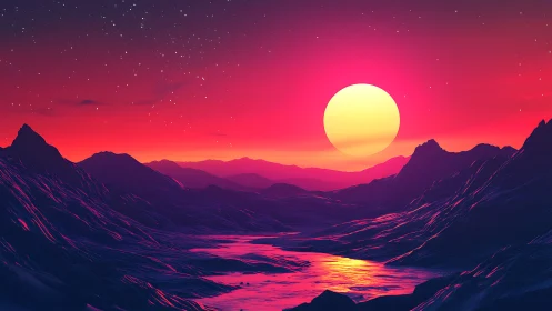 Neon sun hovers above glowing river in alien canyonscape.