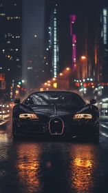 Midnight hypercar cuts through neon soaked city rain.