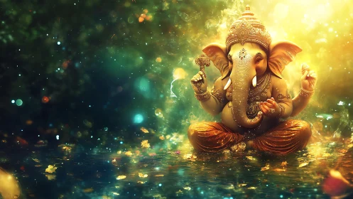 Radiant Ganesha idol rendered with volumetric light and bokeh field