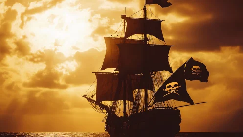 Pirate galleon cuts across a blazing golden sunset sky