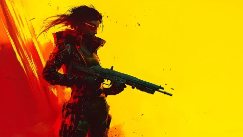 Silhouetted armed figure against high contrast yellow field.