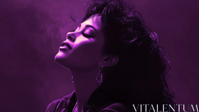 Purple-lit woman exhales serenity in cinematic side profile