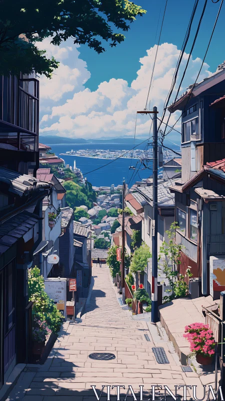 Sunlit seaside hillside street overlooks vivid blue harbor.
