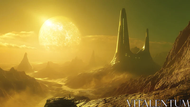 Golden alien sunrise over towering citadel spires.