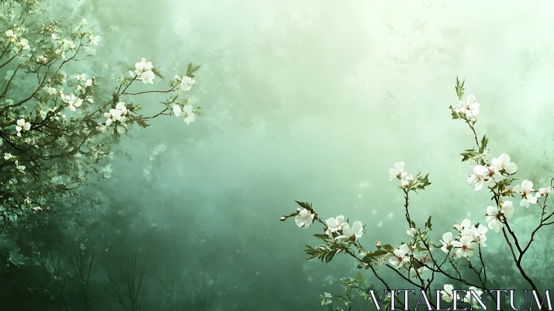 White blossoms on branches against soft green mist.
