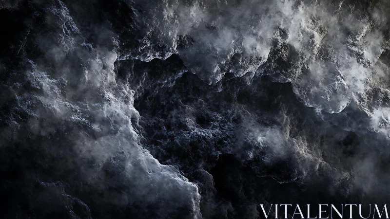 Stormy cosmic cavern of swirling smoke and shadowed rock.