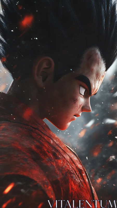 Fierce anime warrior pausing in a storm of drifting embers.