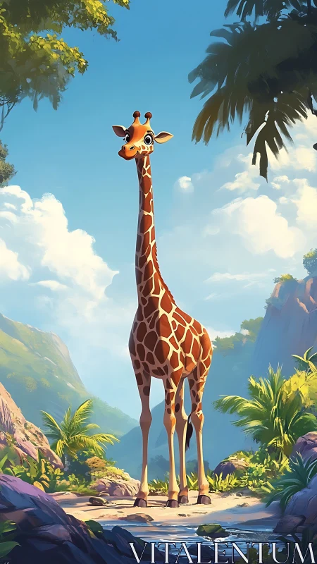 Cartoon giraffe standing in bright tropical valley scene.