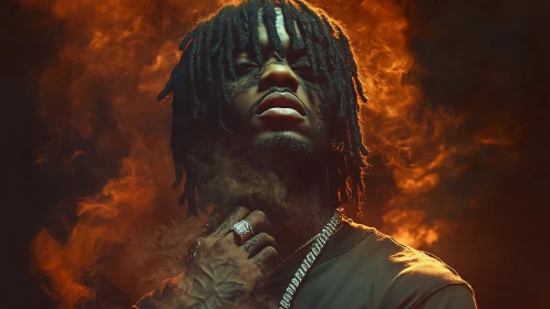 Portrait of person with dreadlocks in dense orange smoke