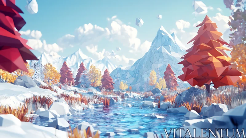 Low poly winter river winds through vivid crystal mountains