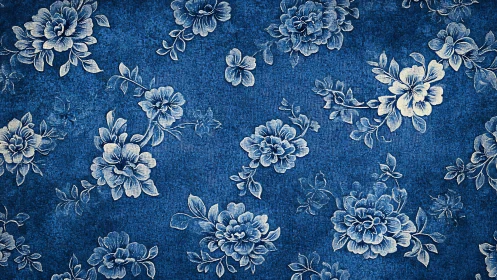 Vintage blue floral textile with white tonal engraving and grain