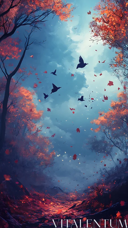 Crimson leaves spiral beneath a sky of drifting birds.