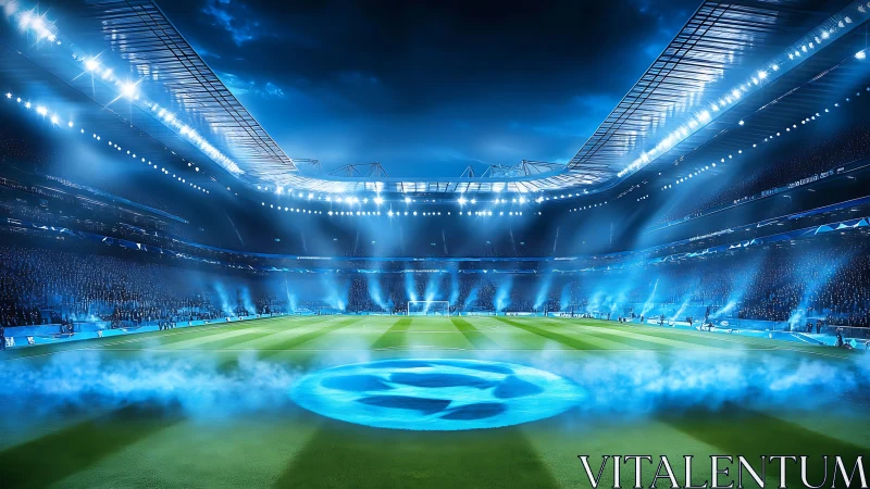 Floodlit football stadium interior shows blue-lit match setup
