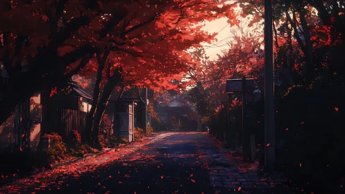 Autumnal suburban lane under dense crimson foliage canopy.