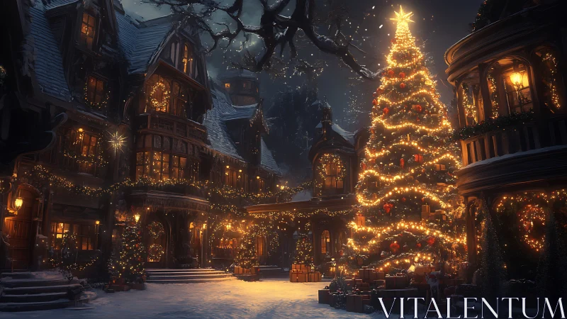 Victorian winter courtyard with luminous Christmas tree.