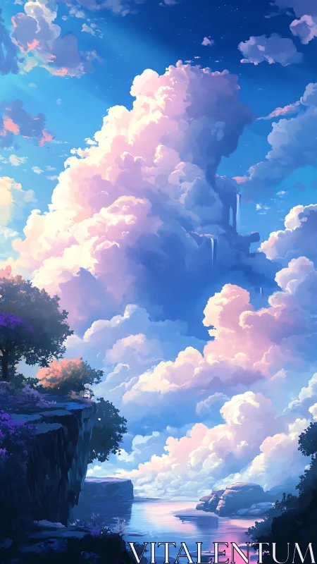 Sunlit fantasy clouds tower above a tranquil river gorge