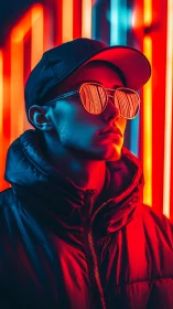 Neon soaked city glow frames a calm young man in shades