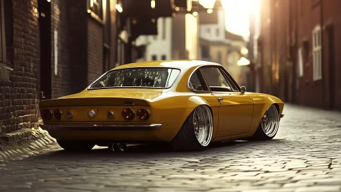 Widebody vintage coupe on cobblestone street under warm backlight