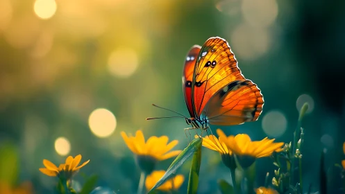 Photorealistic macro of orange butterfly on yellow daisies.