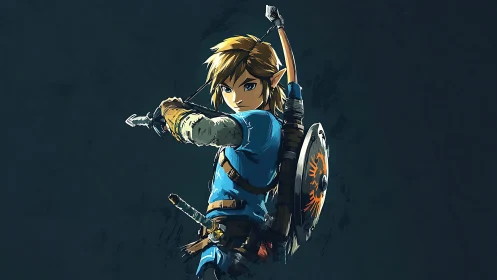 Hylian archer poised in luminous blue against nightfall hush.
