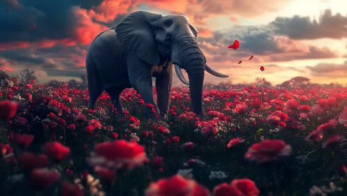 Elephant in dense red flower field under dramatic sky at dusk.