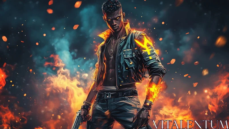 Cyberpunk fire warrior amid glowing embers and smoke.