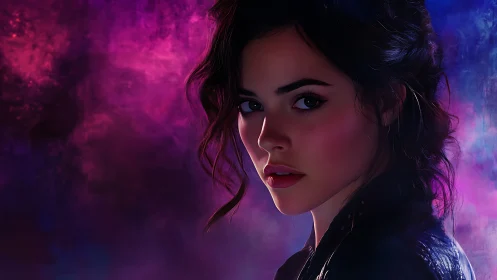 Moody portrait of a young woman in glowing neon colors