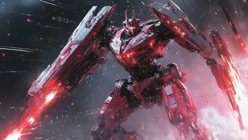 Crimson mech guardian strides through sparks and stormlight.