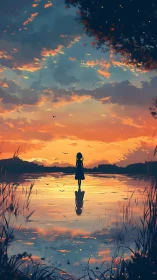 Silhouetted girl observes vivid sunset sky over lake