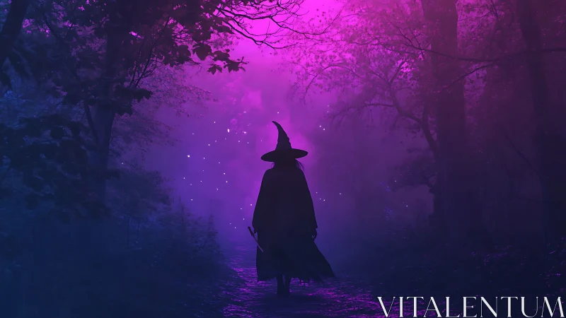 Spectral witch silhouette in bi-chromatic enchanted forest path.