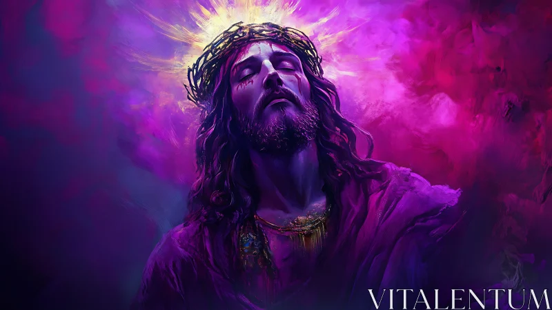 Chromatic crucifixion portrait with radiant spectral halo glow.