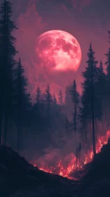 Crimson Moon Over Forest Fires.