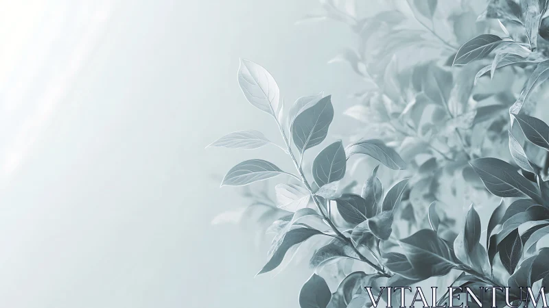 Soft Focus Botanical Leaves on Light Blue Minimalist Background.