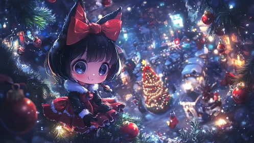 Chibi girl in red dress amid decorated winter townscape.