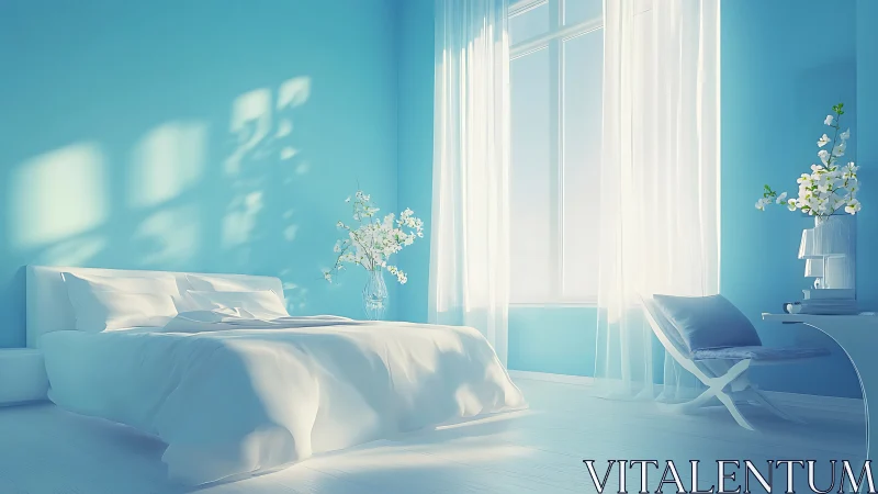 Minimalist blue bedroom interior with white bedding and light.