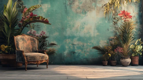 Vintage velvet armchair rests beside lush indoor plants